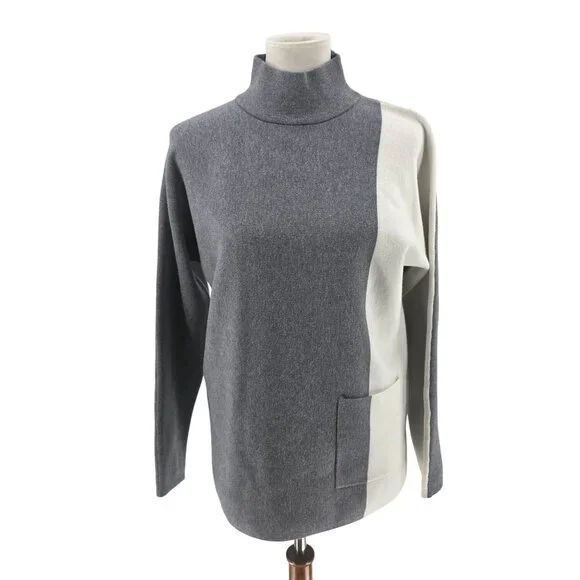 Alison Sheri Womens Colorblock Turtleneck Sweater S Gray & White Viscose Blend - Picture 2 of 15